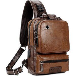 Small Black Sling CrossbodyBackpack ShoulderBag for Men Women Vintage PU Leather